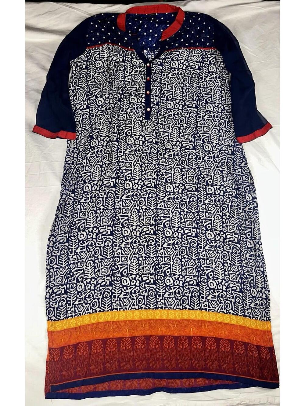 💙 3XL Boho Indian Kurti Dress Navy Red Yellow 💛
